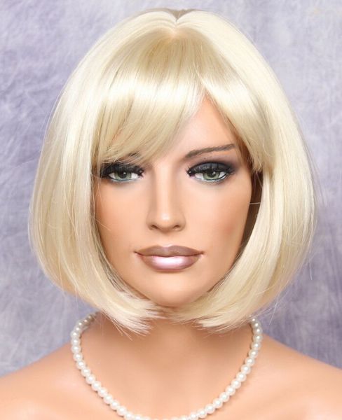 

bob classical short straight pale blonde with bangs full wig, Black
