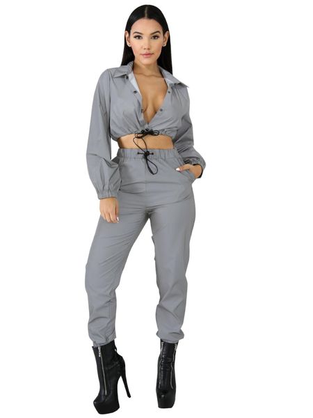 

2 pieces crop pants women tracksuits sets outfits autumn reflective suits set classy streetwear, Gray