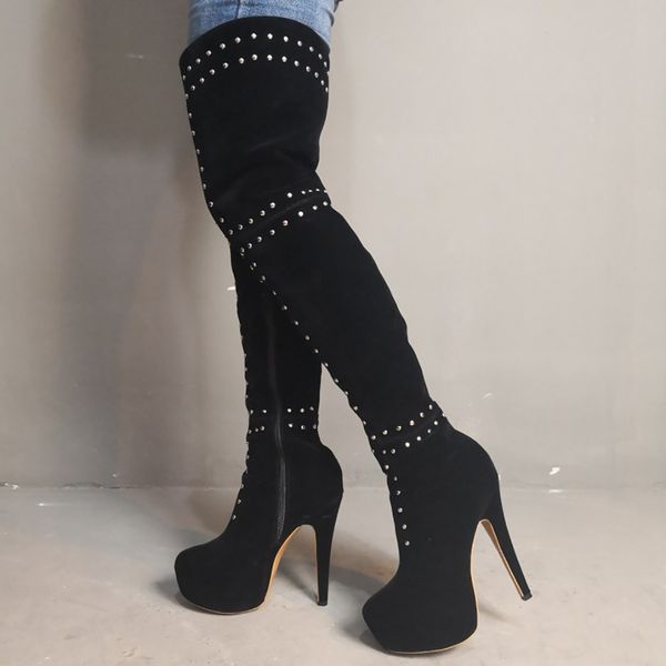 

handmade real ps womens high heels over knee boots rivets spikes platform thigh-high boots evening fashion winter long shoes d412, Black
