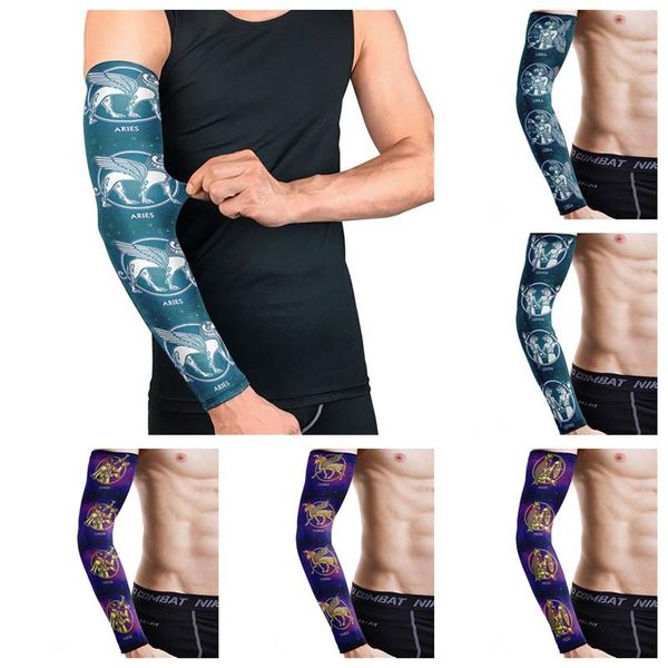 

twelve constellations printed arm sleeves fashion creativity cycling sports sun compression breathable armwarmers elbow & knee pads, Black;gray