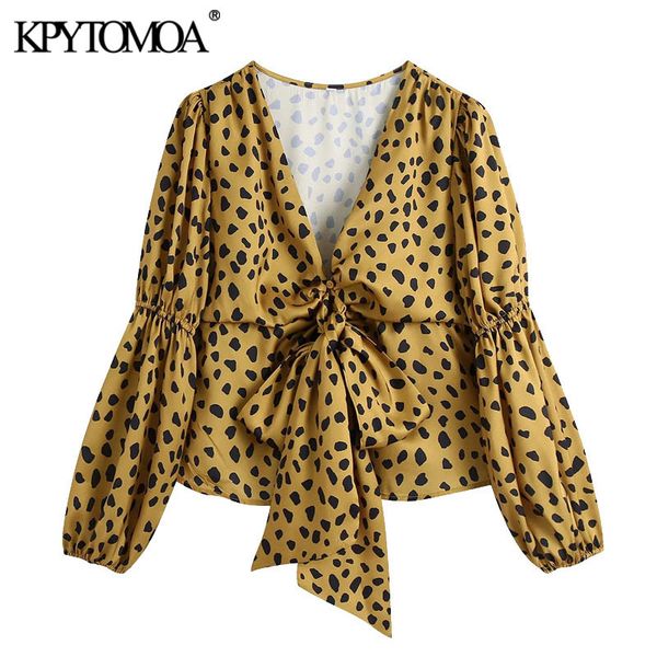 

women fashion with bow tied leopard print blouses vintage v neck long sleeve female shirts blusas chic 210416, White