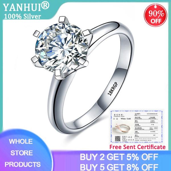

cluster rings yanhui with certificate luxury solitaire 2.0ct wedding ring original pure 18k white gold zircon engagement for women r168, Golden;silver