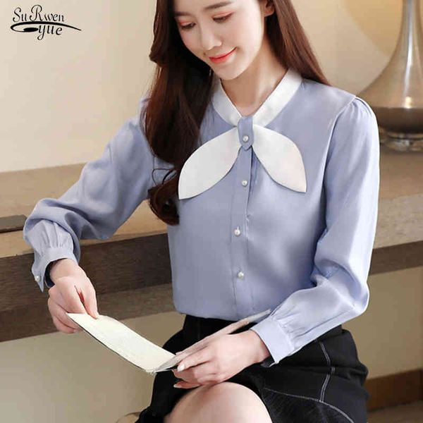 

blouses women pullover long sleeve chiffon shirts solid stand office lady busas elegantes 8271 50 210508, White