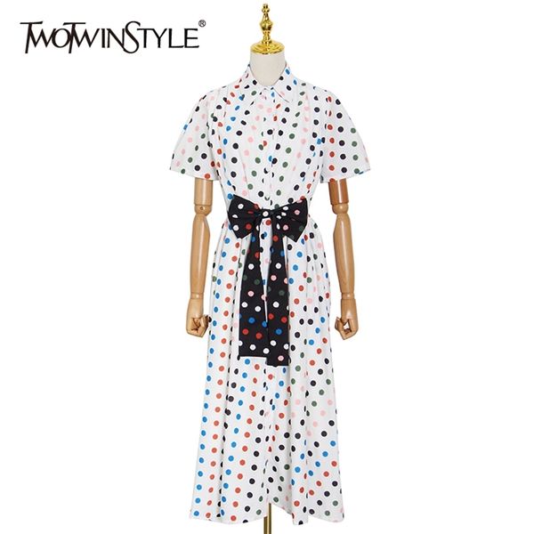 

dot print patchwork bowknot dress for women lapel short sleeve high waist casual midi dresses female fashion summer 210520, Black;gray