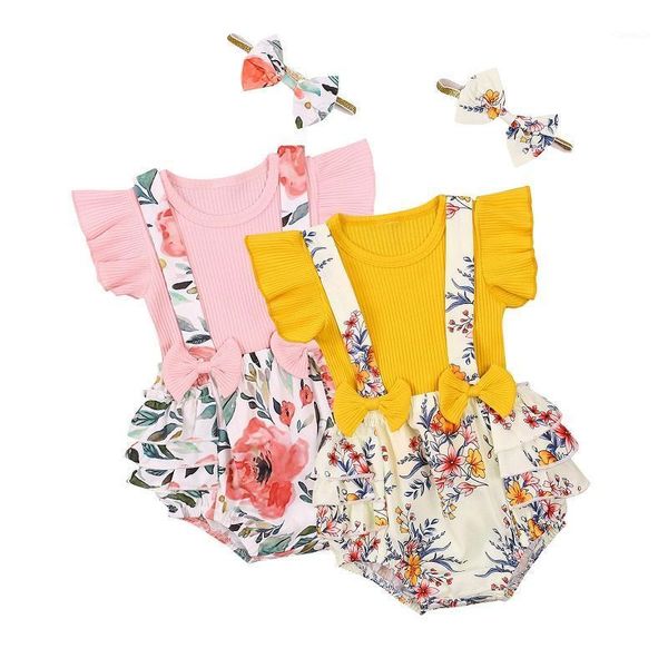 

clothing sets 0-18m cute born baby girl ruffles sleeve cotton t-shirt floral bow suspender shorts headband 3pcs set, White