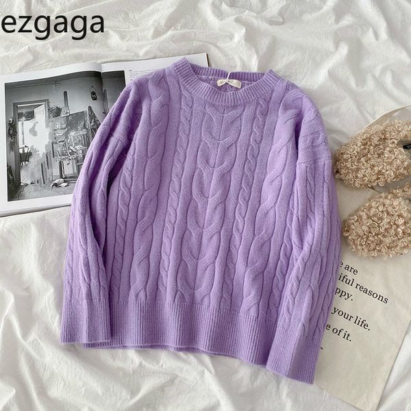 

ezgaga twist sweater women autumn o-neck long sleeve korean solid loose all-match warm pullover female casual winter 210430, White;black