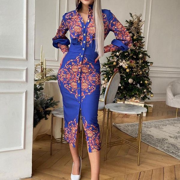 

casual dresses elegant long sleeve stand collar button up printed slim bodycon midi dress fall fashion 2021 femme chic vestidos, Black;gray