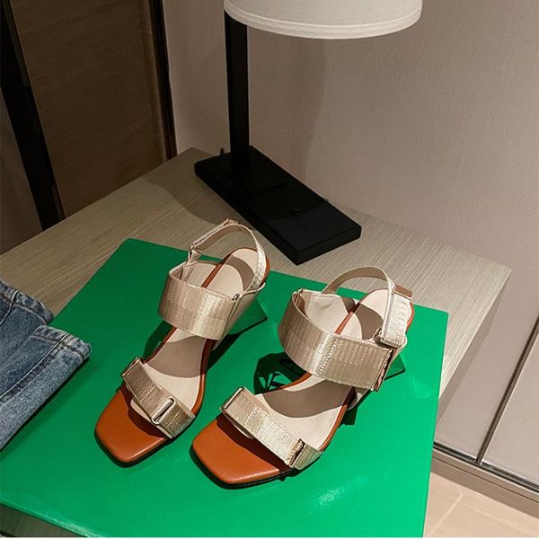 

sandals square toe shaped heel leather stitching mesh roman female personality fashion peep high 2021 summer, Black