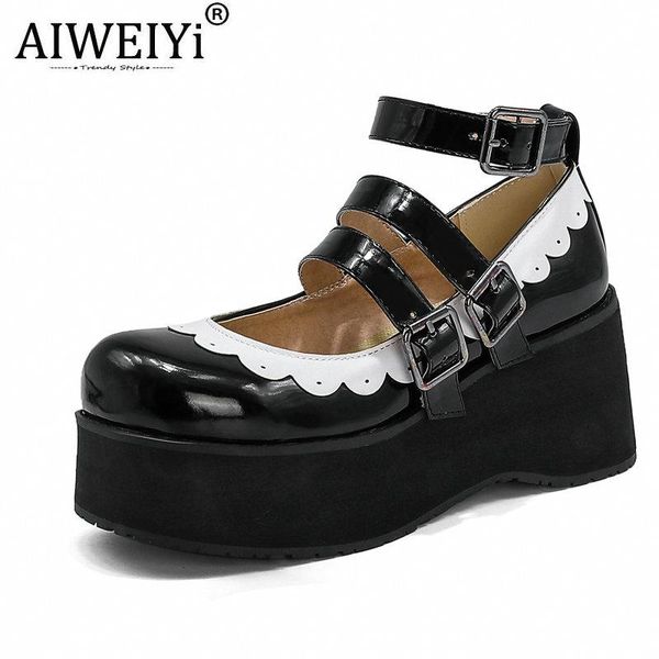

dress shoes women fashion platform goth mary jane lolita buckle strap thick heel vintage chunky punk pumps patent leather wedges, Black