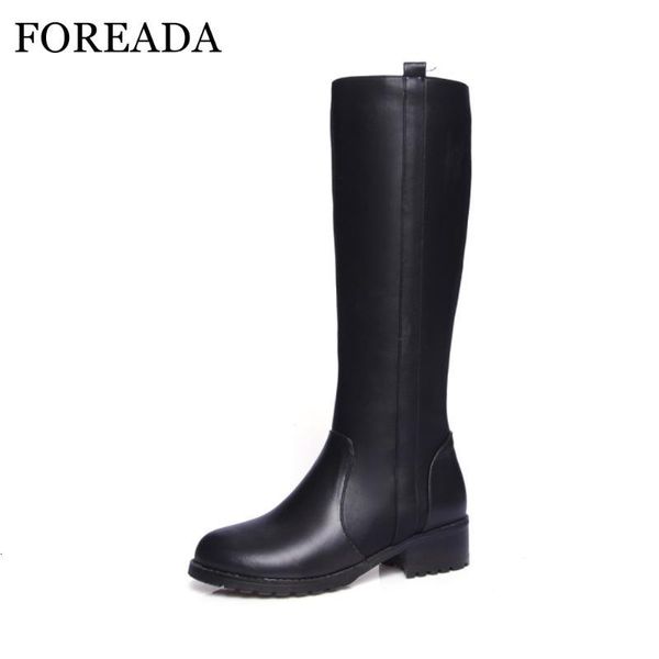 

boots foreada genuine leather shoes women riding block winter med heel knee high motorcycle warm black uq8a