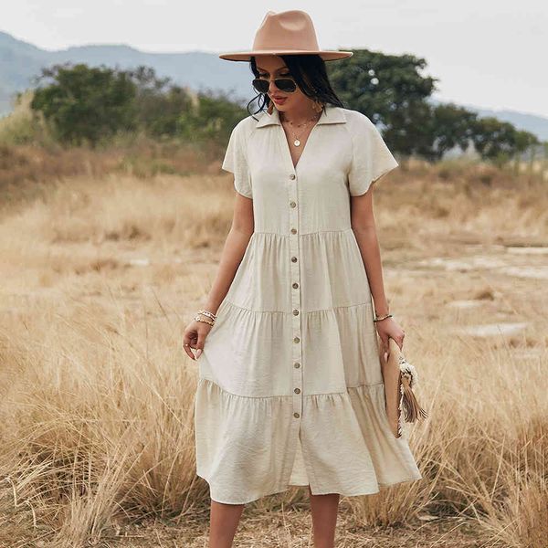 

vintage v-neck midi long dress female summer solid a-line dress casual maxi beach dress women's clothing vestido 210514, Black;gray