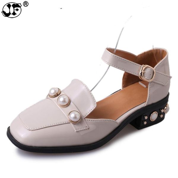

dress shoes zapatos mujer women pumps ankle strap thick heel square toe mid heels string bead comfortable ladies shoes466, Black
