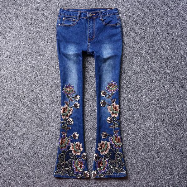 

women's jeans european station 2021 autumn and winter fashion embroidery flower stretch heavy work beaded slim micro flare pants, Blue