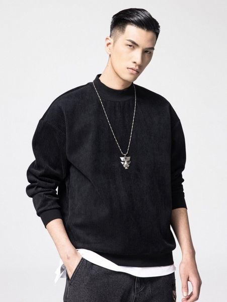 

men mock neck drop shoulder rib-knit pullover w6zb#, Black