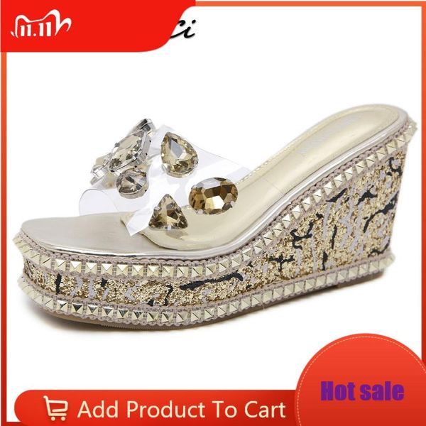 

dress shoes summer women platforms peep toe wedge sandals woman rivets bling crystal muffin bottom clear high heels, Black