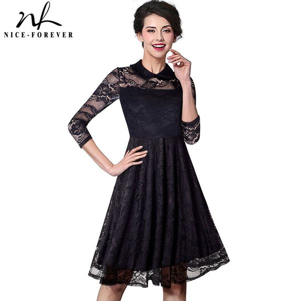 Nice-forever Spring Women Elegant Lace Patchwork Gothic Black Abiti Party Flare A-line Swing Dress A030 210419