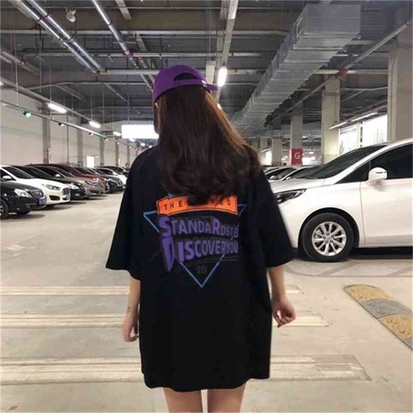 Coreano Ulzzang Chic Graphic Stampato Old School Style Oversize All Match Donna Tee Tops Ragazza T-shirt 210720
