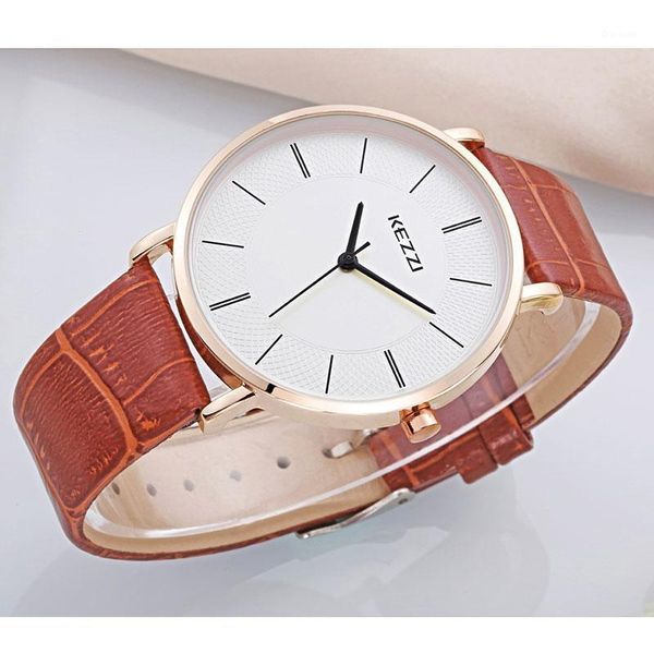 

couple's men's watch kezzi round leisure quartz women's pin button screw crown ordinary pointer classic fashion wristwatches, Slivery;brown