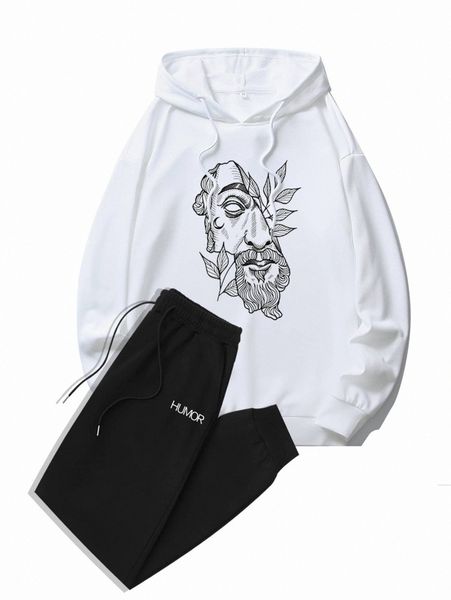

men figure graphic drawstring hoodie & letter graphic sweatpants u6qs#, Gray