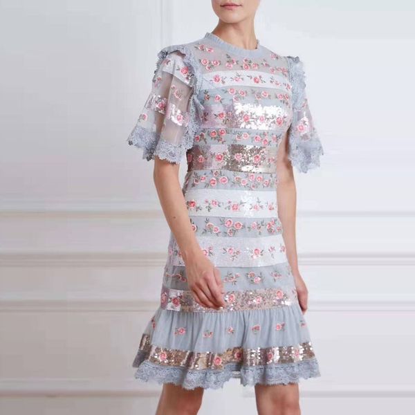 

water-soluble lace stitching mesh embroidery flowers short-sleeved sequins boho party slim dress spring summer new women, Black;gray