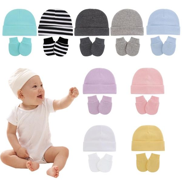 

caps & hats baby infants anti scratching cotton gloves+hat set born face protection scratch mittens warm cap kit, Yellow