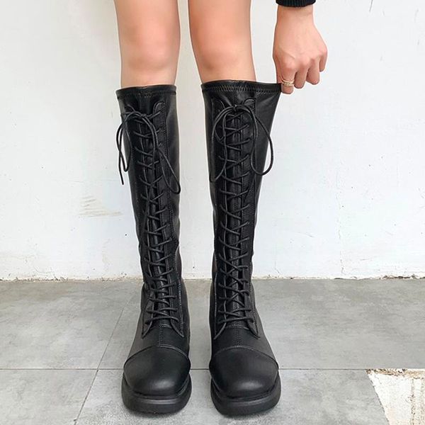 

boots fashion lace up black high women autumn winter warm knee woman soft elastic low heel botas mujer iycf