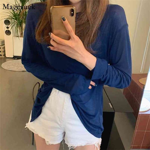 Coreano ultra-fino sexy camisas de manga longa mulheres Chegada de algodão sólido blusa sem encosto plus tamanho top femme blusas 12178 210512