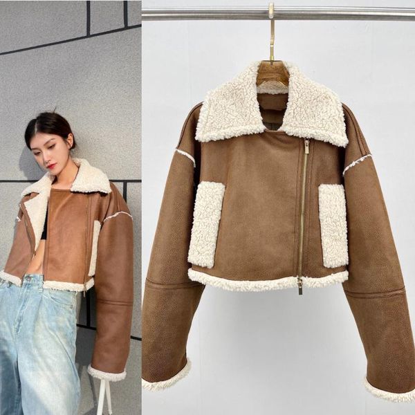 

women's jackets 2021 winter manmade leather and fur jacket women fashion high waist short street brown bomber, Black;brown