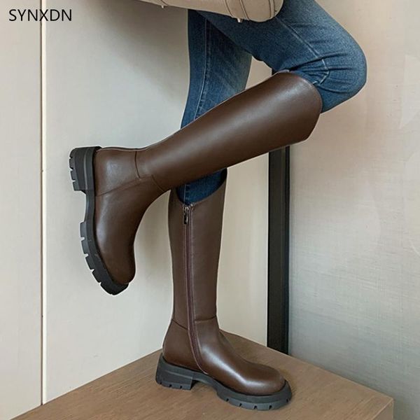 

boots synxdn 2021 women knee high round toe zip footwear mid heels female riding boot lady leather long, Black