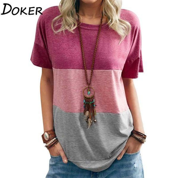 

women's t-shirt contrast color wide stripe o-neck short sleeved loose women t shirt casual style daily life, White