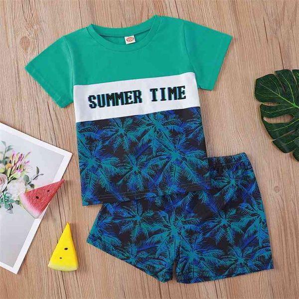 

summer children sets casual short sleeve o neck letter patchwork t-shirt print coconut tree 2pcs boys clothes 210629, White
