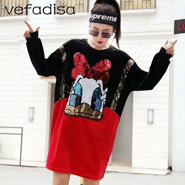 

women's hoodies & sweatshirts vefadisa women color matching sequin cartoon bowknot duck pleuche sweatshirt 2021 autumn velvet pullover, Black