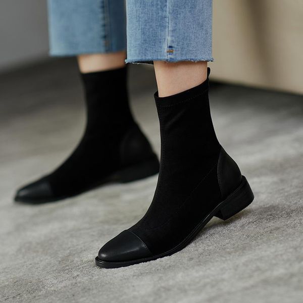 

boots vintage round toe women low square heels ankle genuine leather short party night club shoes woman size 41 42 43, Black