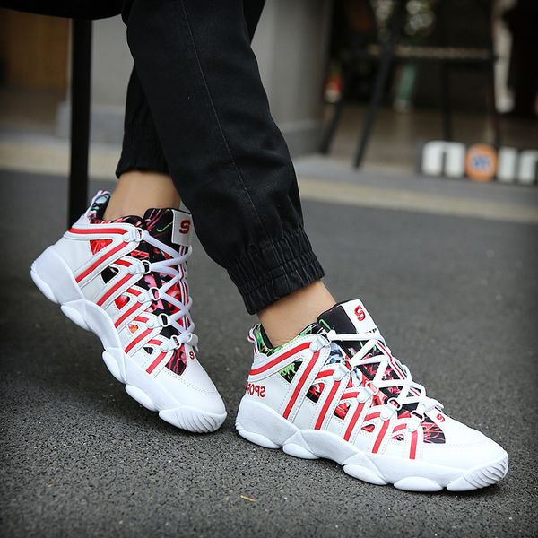 

cross-border mens women trainer sport size running shoes high-men's four seasons casual sneakers white thick sole shoe couples code: 35, White;red
