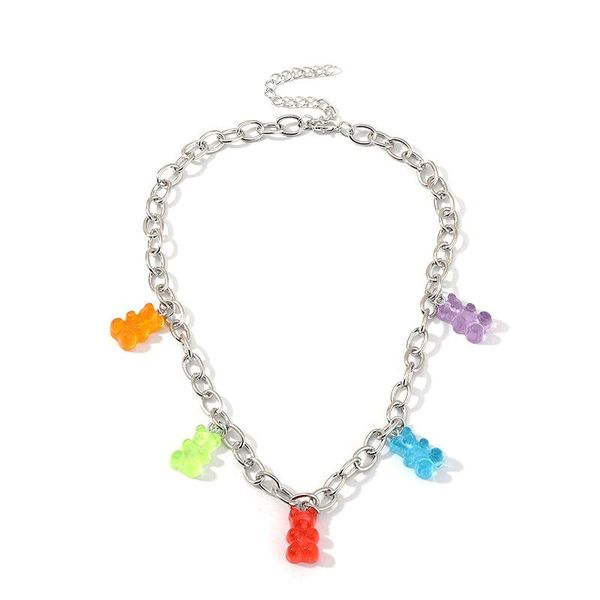 

pendant necklaces fine rainbow color cute jelly bear gummy for women girls cool punk hip hop resin necklace jewelry accessories, Silver