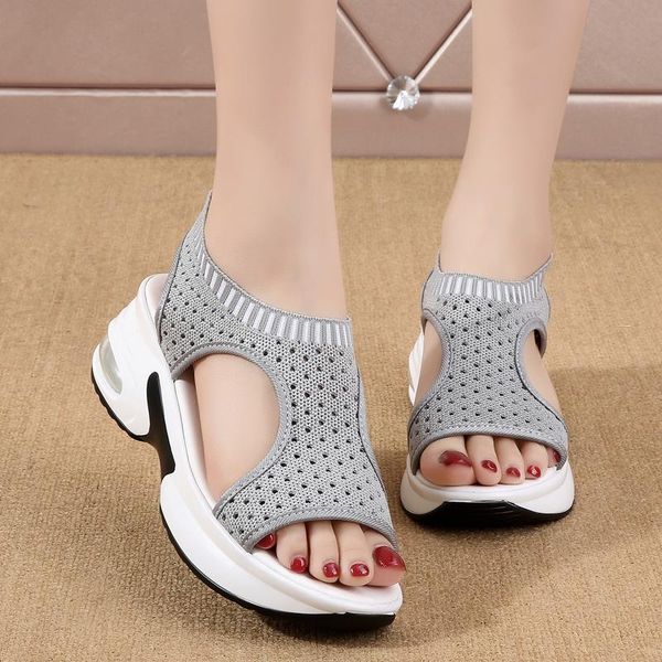 

sandals women elastic belt 2021 summer thick bottom wedge fish mouth mesh shoes slip-on soft breathable female casual footwear, Black