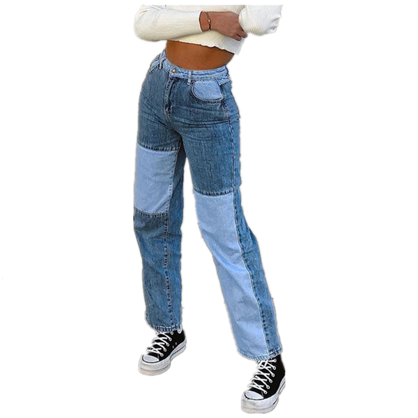 

spring fashion ladies patchwork blue jeans high waist woman pants streetwear striaght denim contrast color pantalones women's