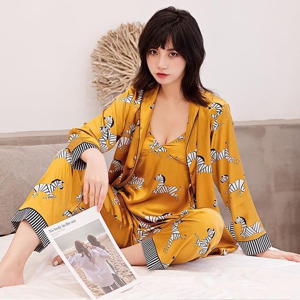 

zebra women sleepwear print 3pcs autumn pajamas sets satin silky pyjamas suit female sleep set loose home clothes, Black;red