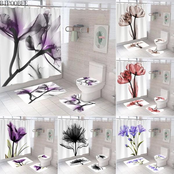 

purple flowers 3d shower curtain waterproof fabric bathroom curtains white bath mats rugs toilet lid cover non-slip carpet