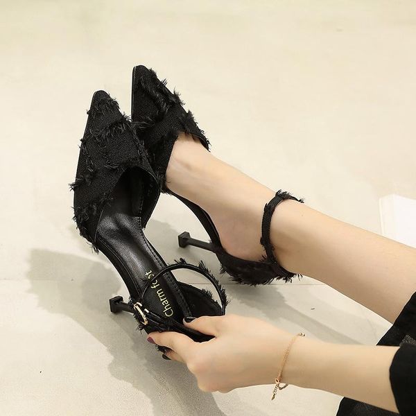

luxury tassel knitting buckle single shoes korean pointy toe shallow high heels stilettos women summer hollow cover heel sandals, Black