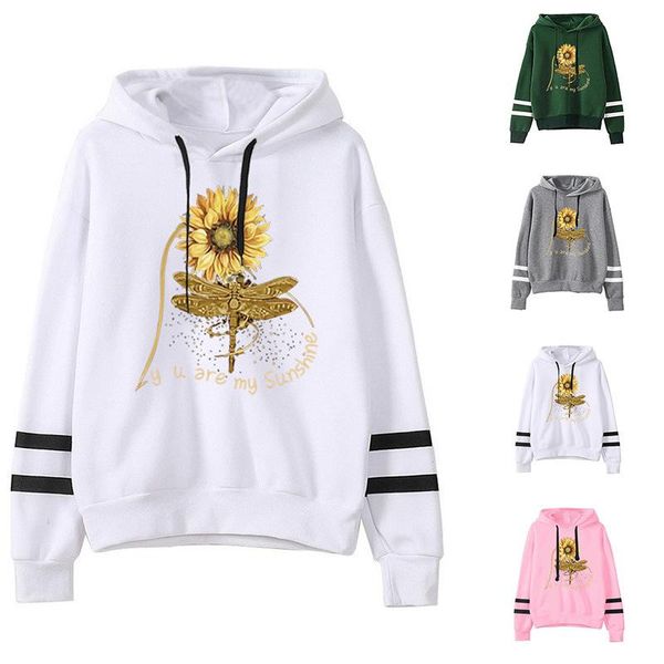

women's hoodies & sweatshirts women hoodie you are my sunshine sunflower printed double striped long sleeve fleece sweatshirt with hat, Black