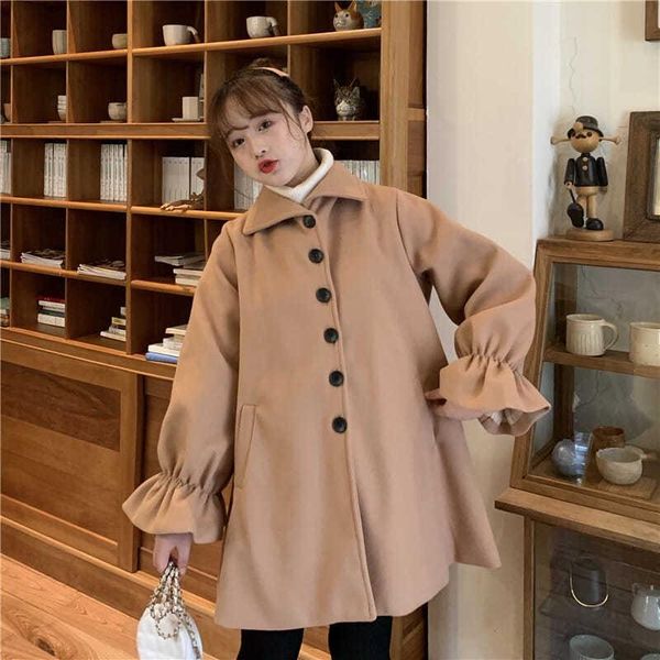 

women's wool & blends heydress solid women a-line single breasted winter coat female cute outwear flare sleeve elegant streetwear jacke, Black