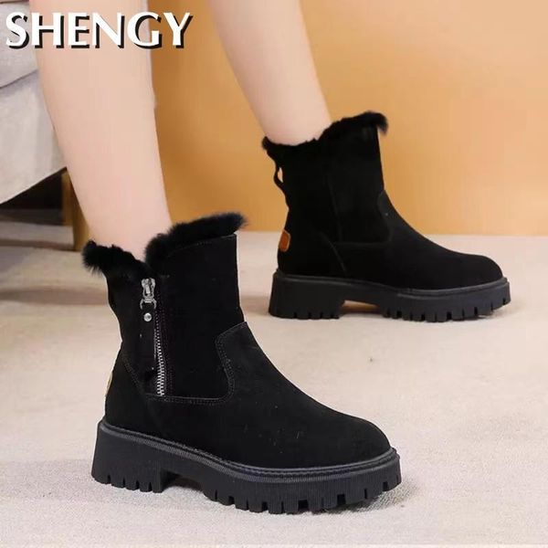 

boots 2021 winter women's shoes warm fur women snow platfrom ankle slip-on zipper female booties, Black