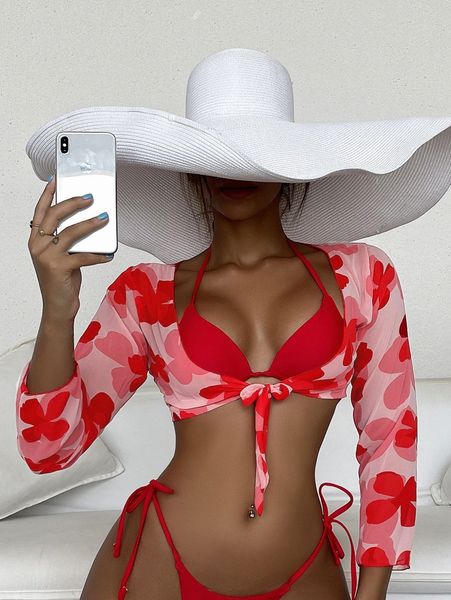 

floral print knot front cover up t7s4#, White;black