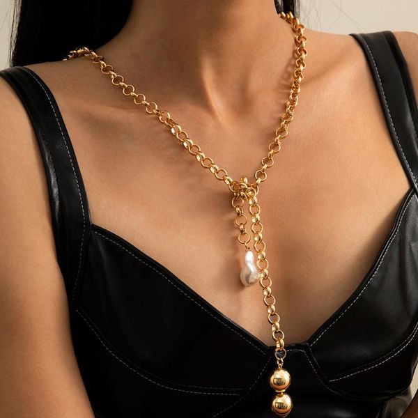 

lacteo steampunk 2 different style baroque imitation pearl pendant necklace for women hip hop ccb long chain choker necklaces, Silver