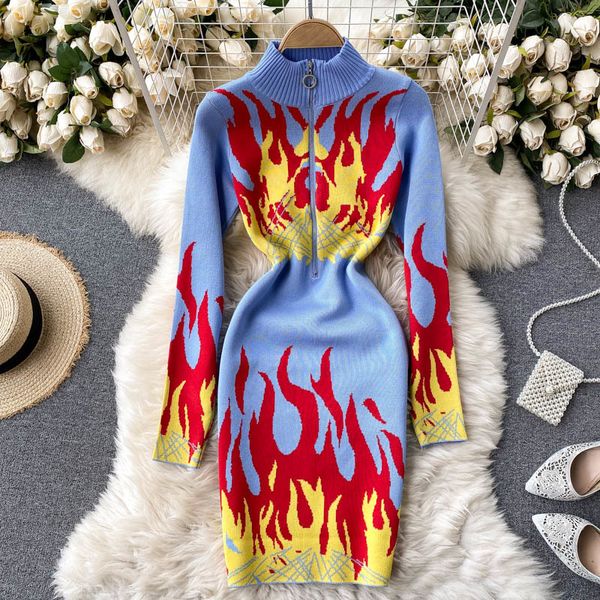 SINGREINY Design Flame Abito lavorato a maglia Donna Cerniera Colletto alla coreana Manica lunga Abiti slim Autunno Inverno aderente Abito maglione caldo 210419