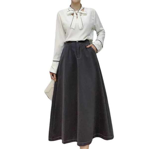 

skirts 2021 women's fashion high waist long skirt slim casual solid color autumn winter ladies party a line, Black