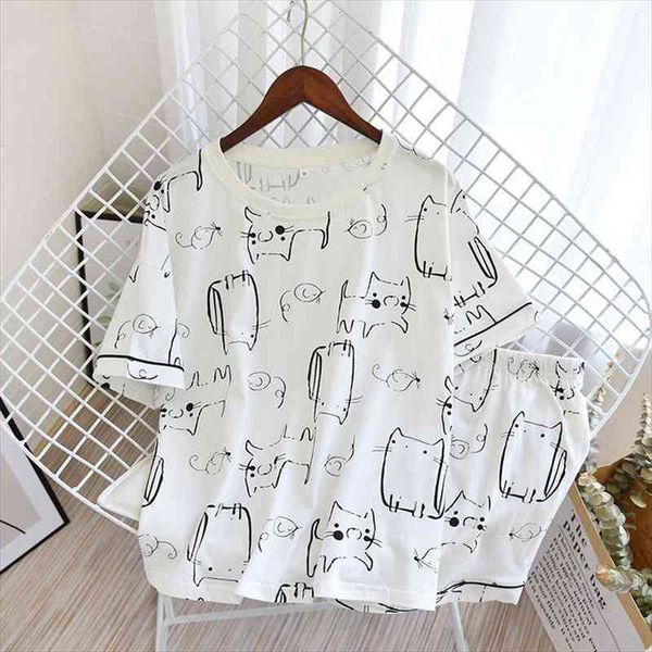 

summer thin knitted cotton short sleeve pajamas for women cartoon round neck shorts two piece set lounge home clothes, Black;red