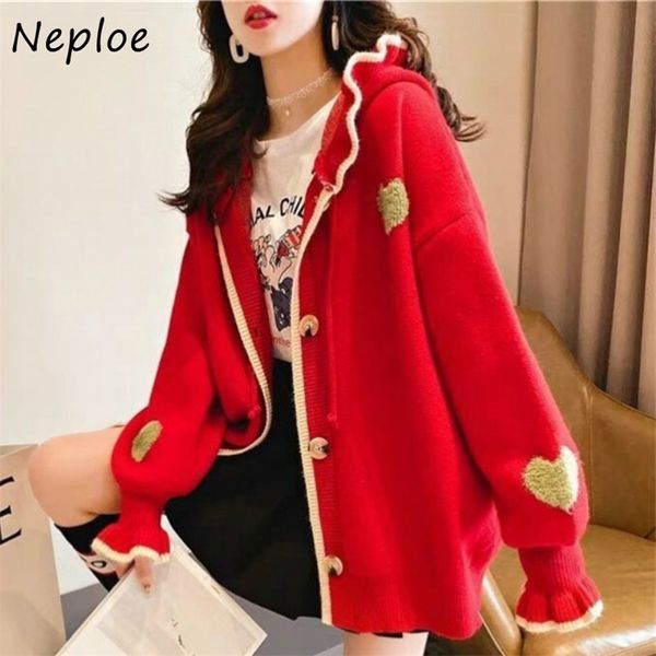 Fashion Love Heart Stitching Women Maglione Hong Kong-style Cardigan lavorato a maglia con cappuccio Autunno monopetto Femme Coat 210422