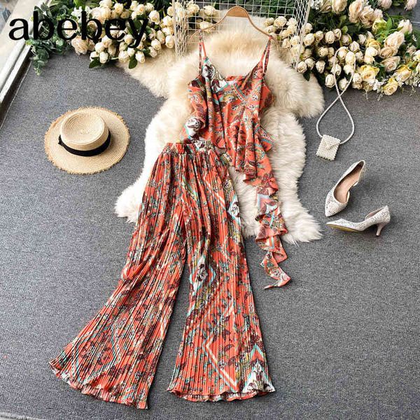 

women set spring summer french vintage temperament female ruffle print design sling pleated wide-leg pants 210512, White